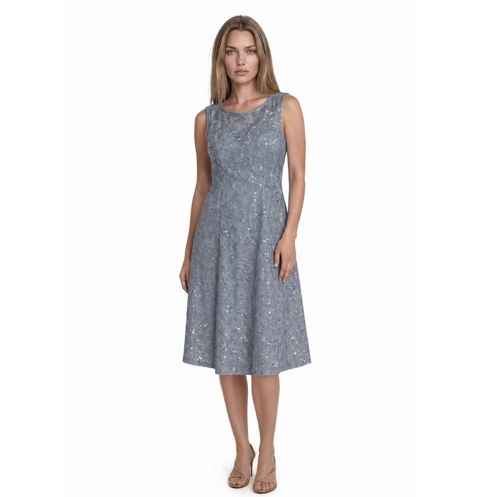 Adrianna Papell Lace Midi Dress Women's Size 12 Blue Embroidered Sequin Evening